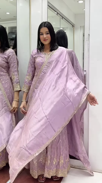 💜 Elegant Lilac Embroidered Palazzo Suit with Dupatta 🌸