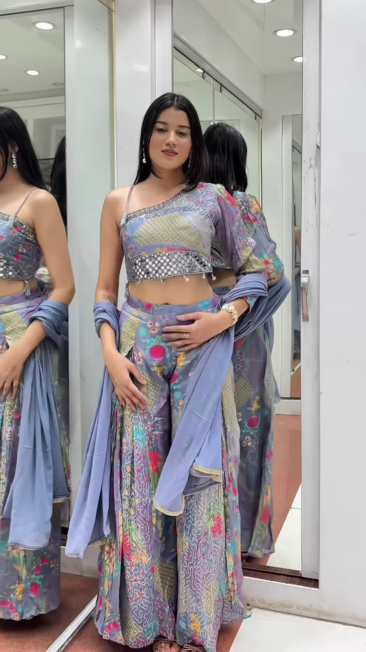 🌸 Vibrant Floral Print Palazzo Suit with Mirror Embellishments & Dupatta 💜