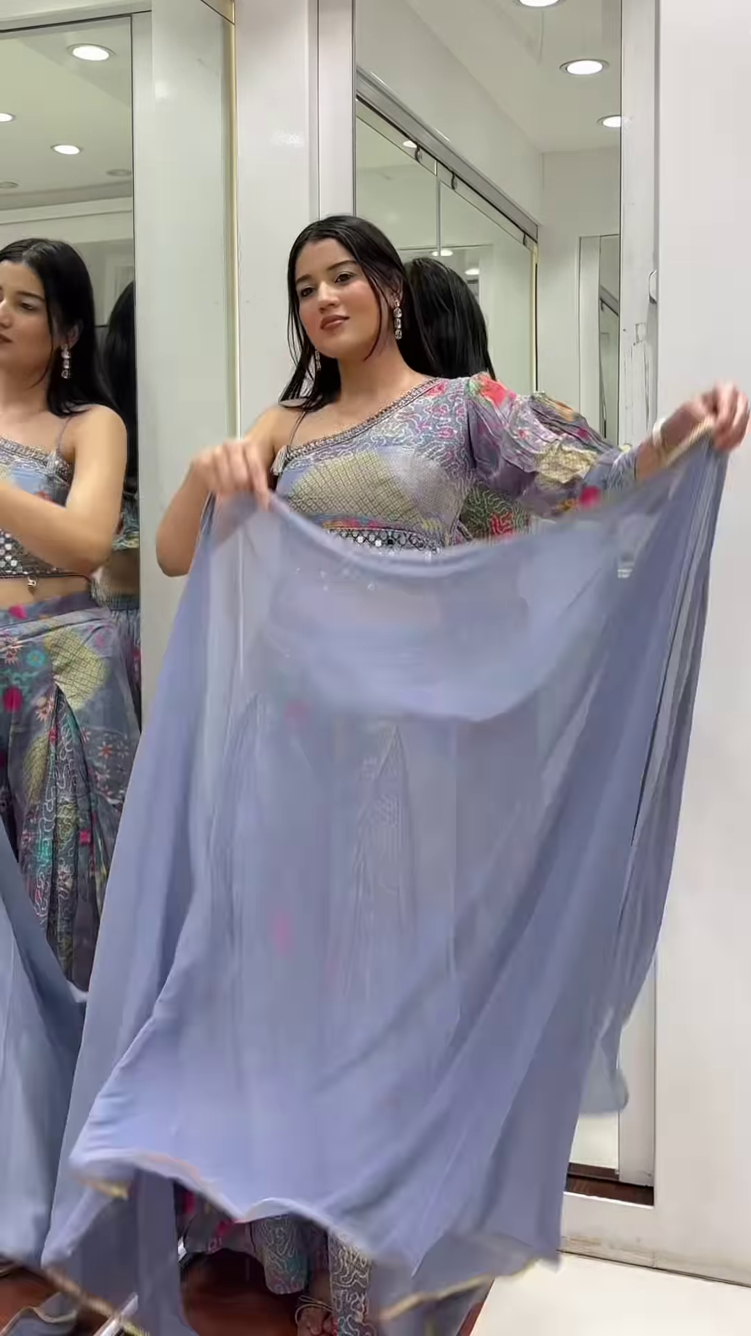 🌸 Vibrant Floral Print Palazzo Suit with Mirror Embellishments & Dupatta 💜