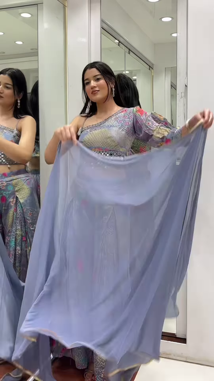 🌸 Vibrant Floral Print Palazzo Suit with Mirror Embellishments & Dupatta 💜