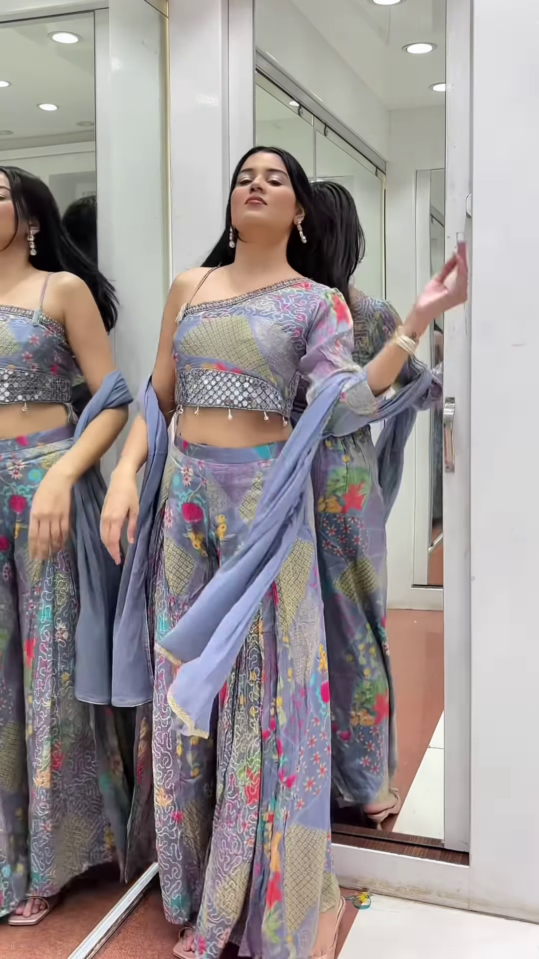 🌸 Vibrant Floral Print Palazzo Suit with Mirror Embellishments & Dupatta 💜