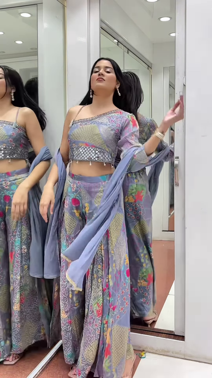 🌸 Vibrant Floral Print Palazzo Suit with Mirror Embellishments & Dupatta 💜