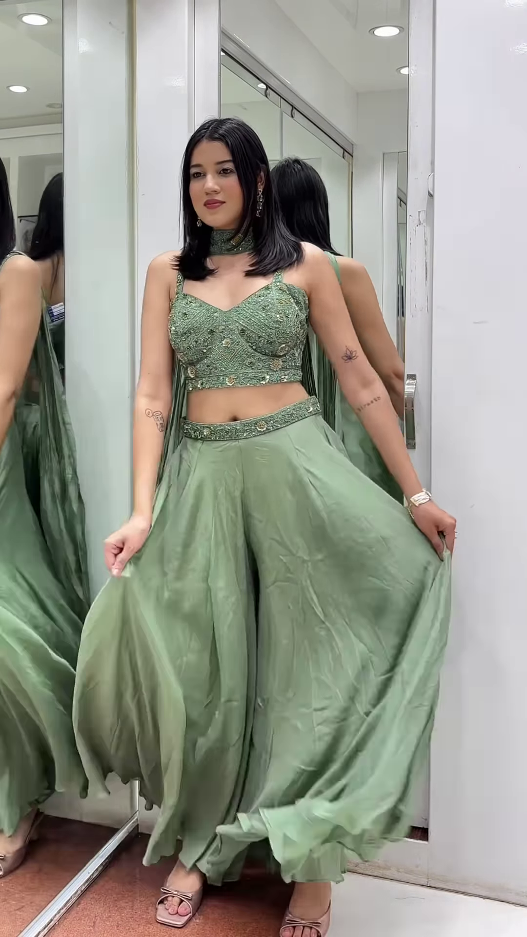 🌿 Ethereal Sage Green Embellished Crop Top & Flowing Palazzo Pants Set 💚
