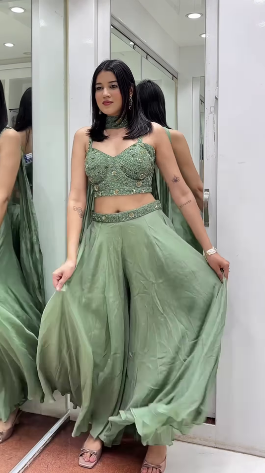 🌿 Ethereal Sage Green Embellished Crop Top & Flowing Palazzo Pants Set 💚