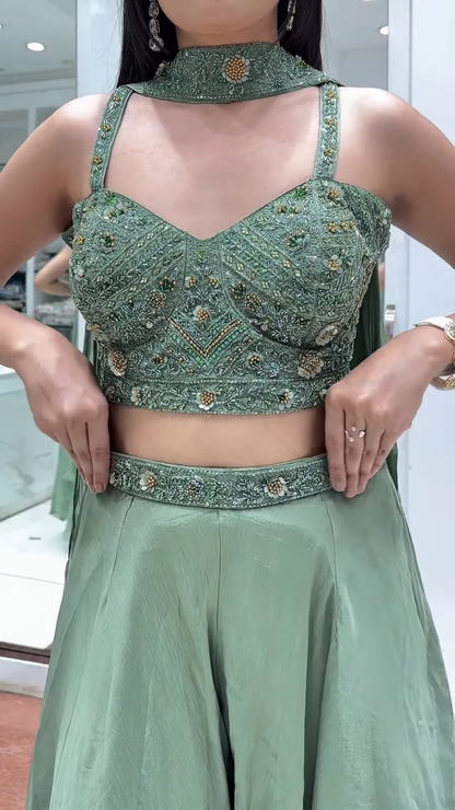 🌿 Ethereal Sage Green Embellished Crop Top & Flowing Palazzo Pants Set 💚