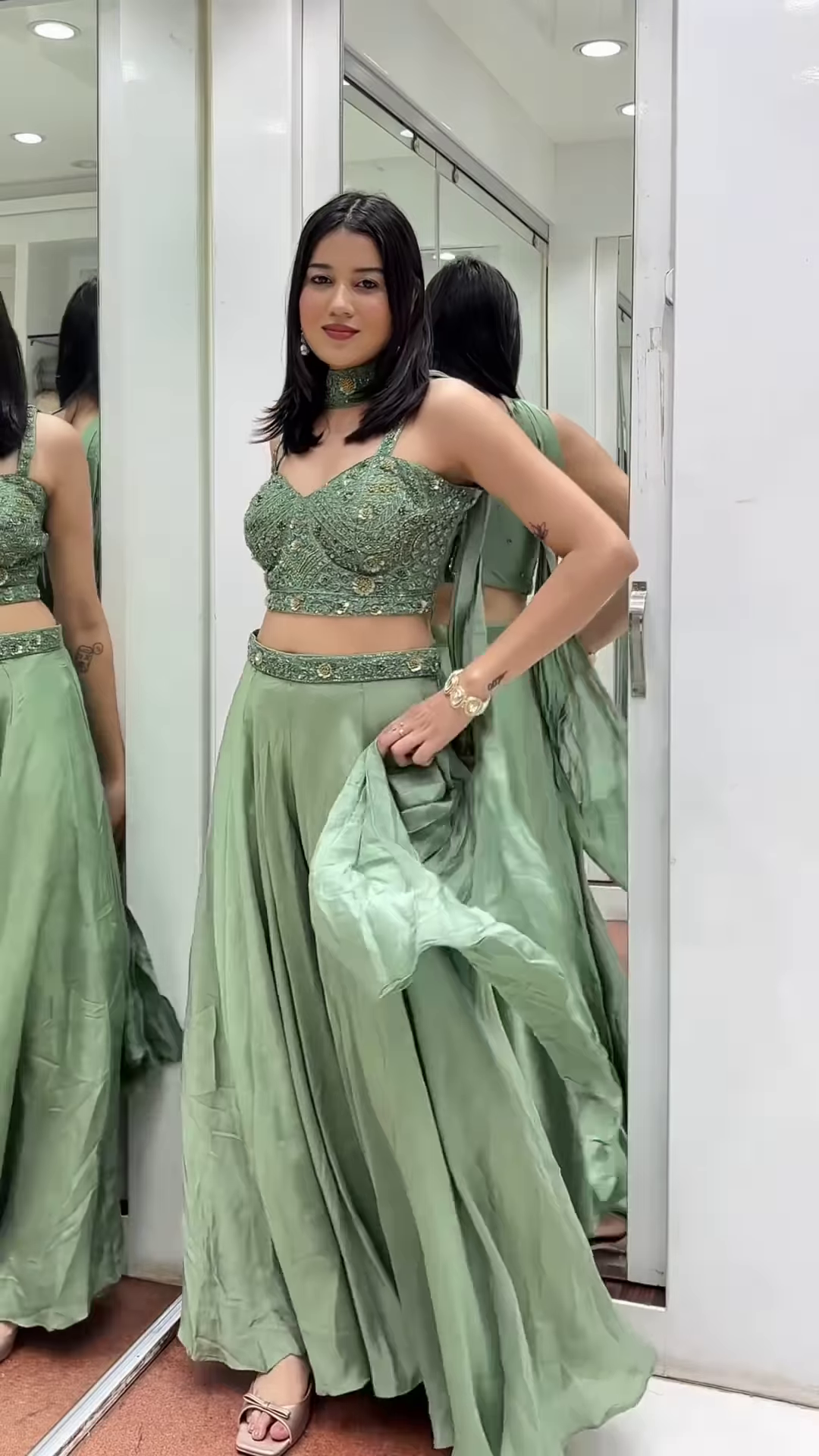 🌿 Ethereal Sage Green Embellished Crop Top & Flowing Palazzo Pants Set 💚