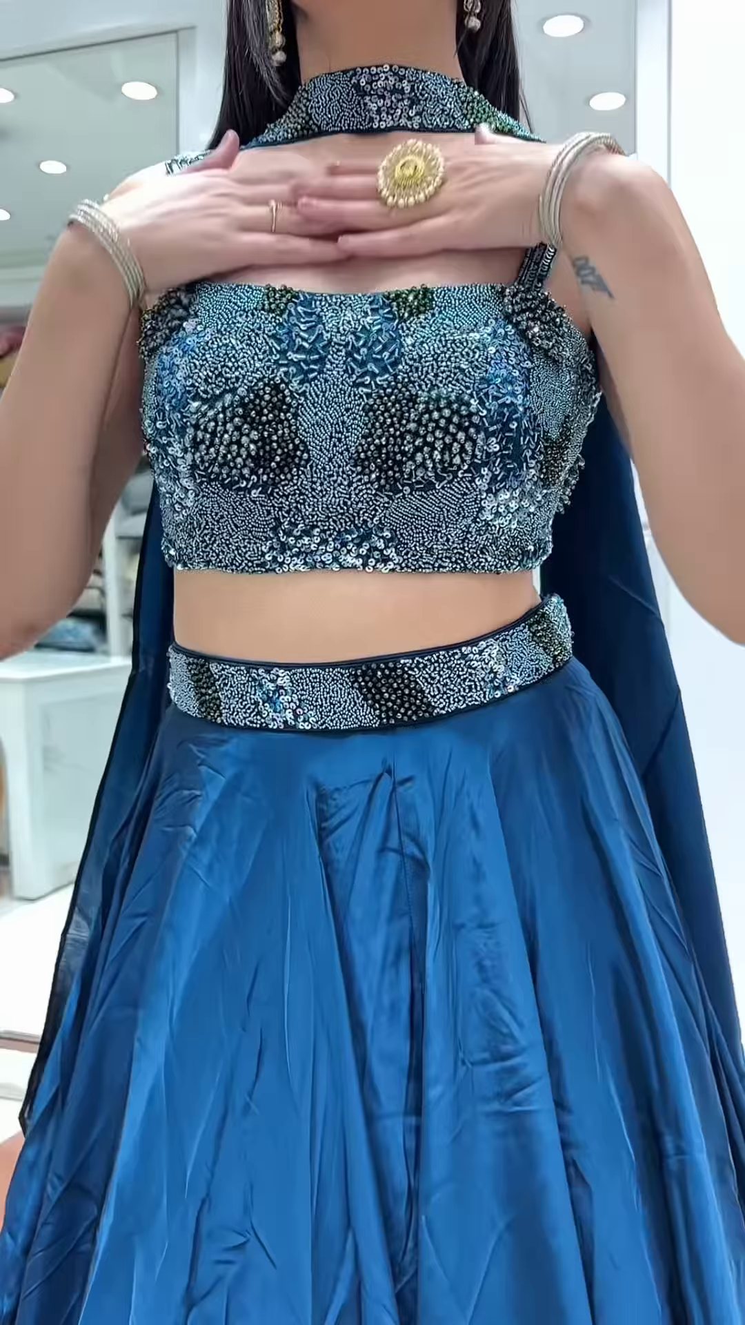 💙 Dazzling Teal Embellished Crop Top & Flowing Skirt Ensemble 🌊