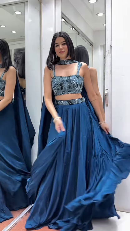 💙 Dazzling Teal Embellished Crop Top & Flowing Skirt Ensemble 🌊