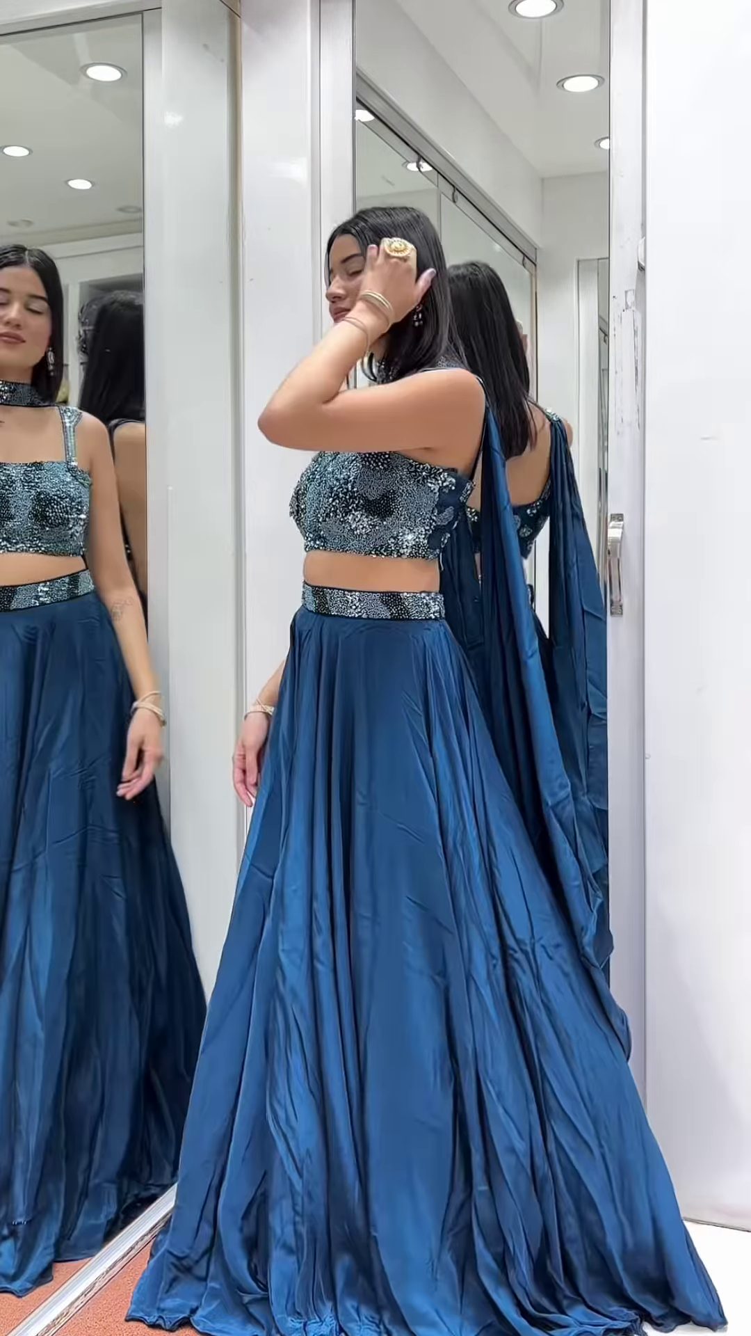 💙 Dazzling Teal Embellished Crop Top & Flowing Skirt Ensemble 🌊