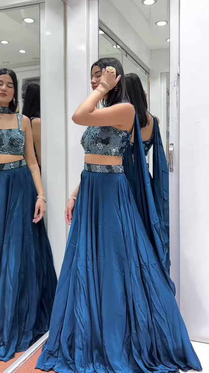 💙 Dazzling Teal Embellished Crop Top & Flowing Skirt Ensemble 🌊