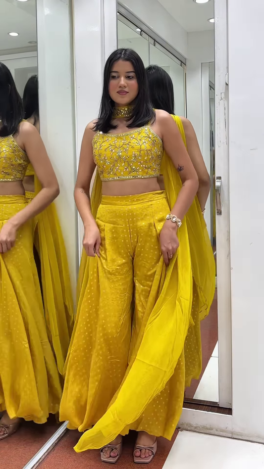 🌿 Ethereal Mint YELLOW Embellished Crop Top, Shrug & Pleated Palazzo Pants Set 💚