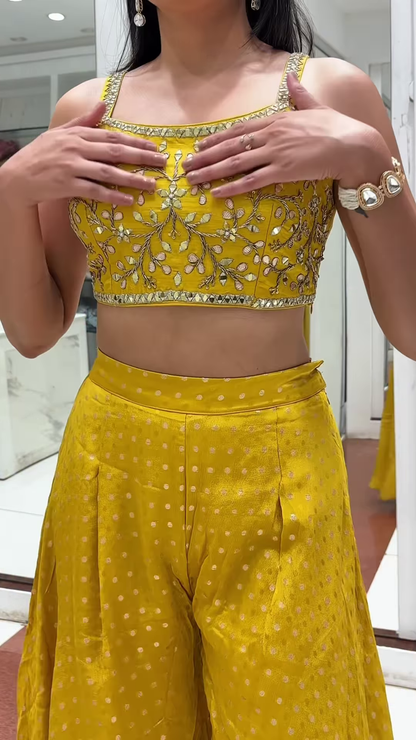 🌿 Ethereal Mint YELLOW Embellished Crop Top, Shrug & Pleated Palazzo Pants Set 💚