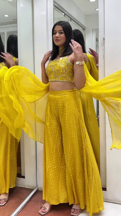 🌿 Ethereal Mint YELLOW Embellished Crop Top, Shrug & Pleated Palazzo Pants Set 💚