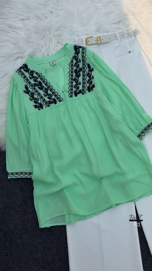 Mint Green Embroidered Tunic Top with White Trousers