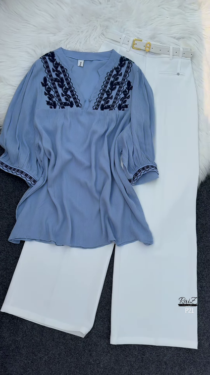 Mint Green Embroidered Tunic Top with White Trousers