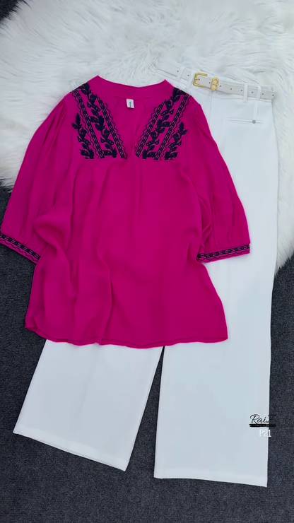 Mint Green Embroidered Tunic Top with White Trousers