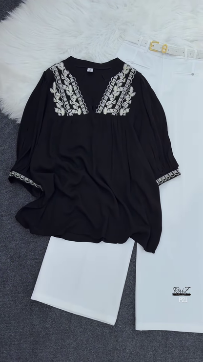 Mint Green Embroidered Tunic Top with White Trousers