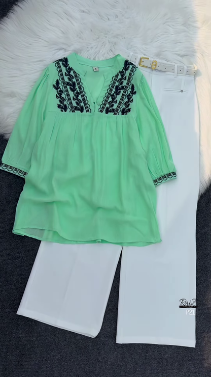 Mint Green Embroidered Tunic Top with White Trousers