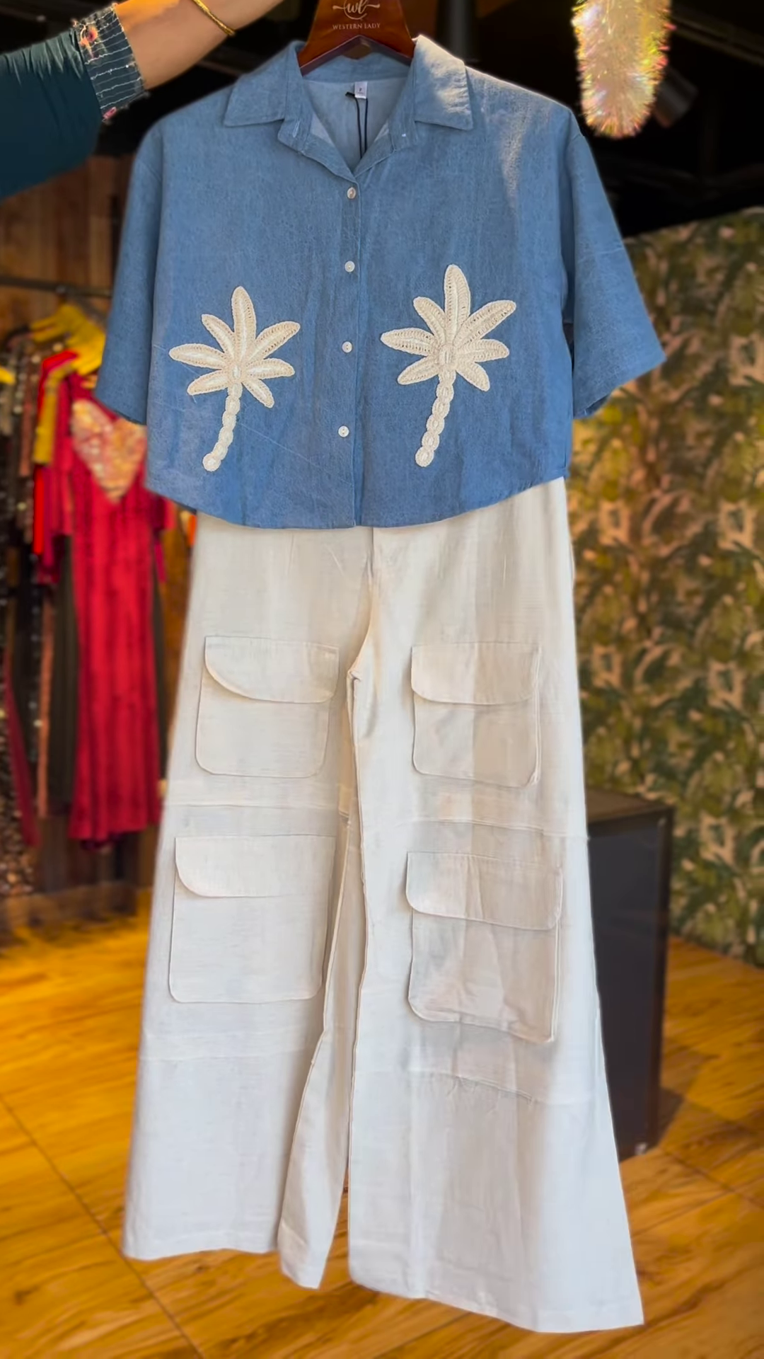Casual Blue Top with Palm Tree Appliqués and Wide-Leg Pants
