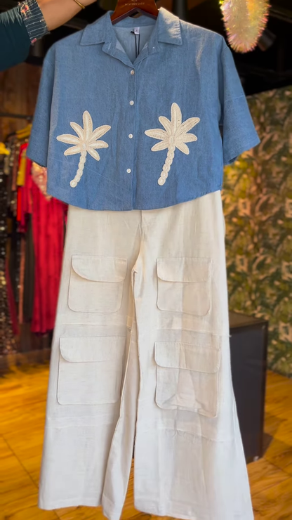 Casual Blue Top with Palm Tree Appliqués and Wide-Leg Pants