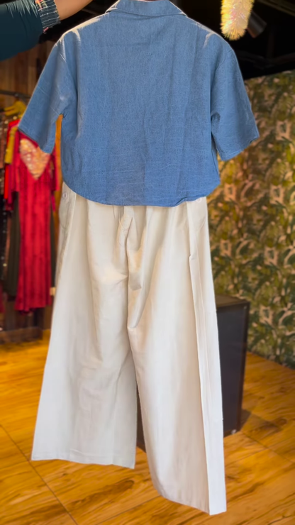 Casual Blue Top with Palm Tree Appliqués and Wide-Leg Pants