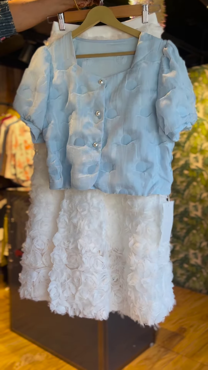 Ethereal Blue Floral Top and Textured White Skirt Set