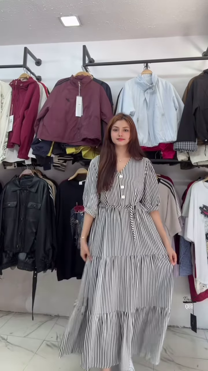 Chic Black and White Striped Tiered Maxi Dress