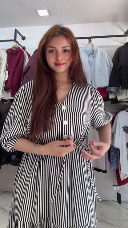 Chic Black and White Striped Tiered Maxi Dress