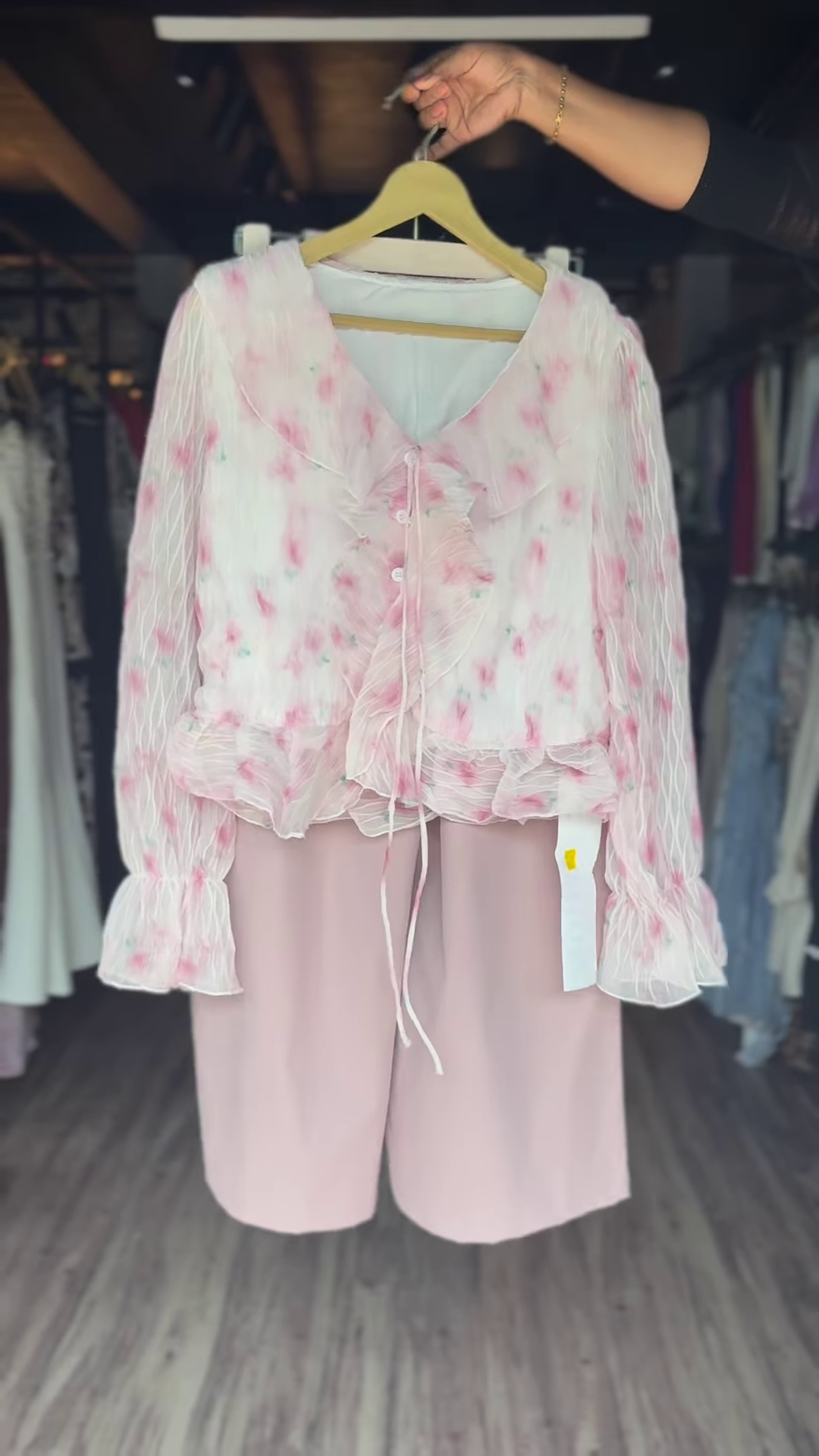Sheer Floral Blouse with Ruffles and Soft Pink Shorts Set
