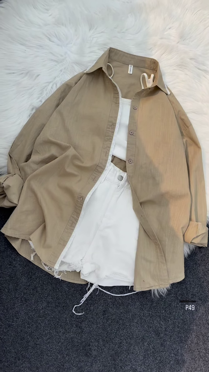 Relaxed Fit Tan Overshirt with White Tank and Shorts