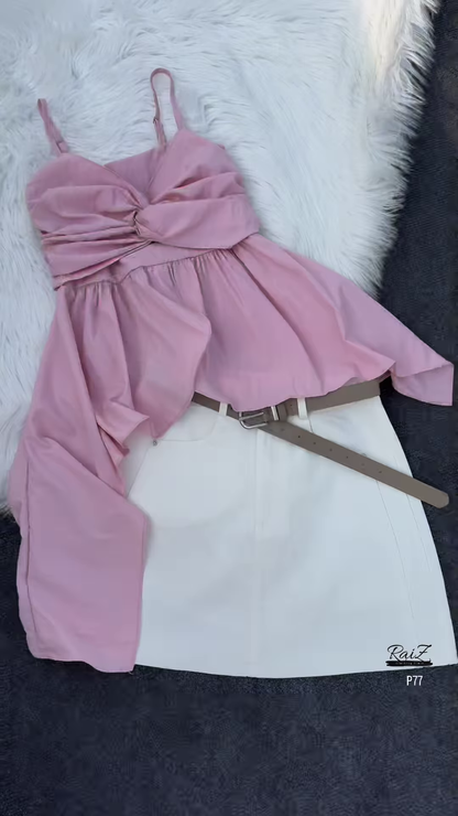 Flowing Pink Top with White Skirt and Tan Belt Ensemble