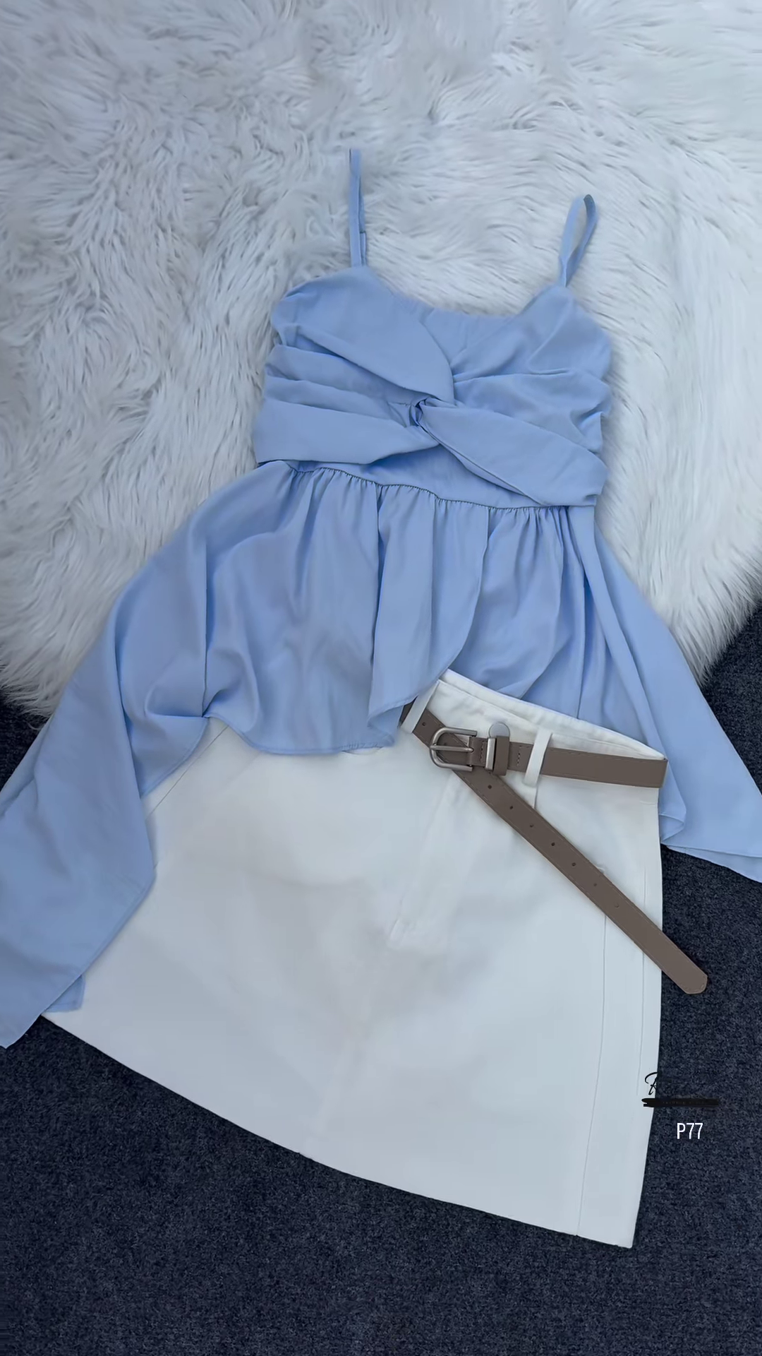 Flowing Pink Top with White Skirt and Tan Belt Ensemble