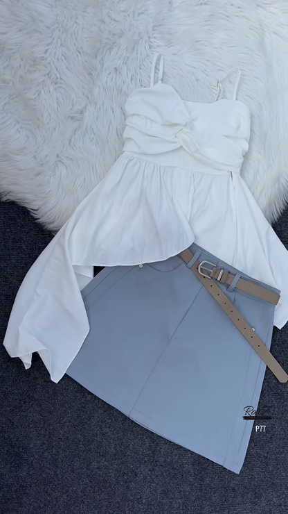 Flowing Pink Top with White Skirt and Tan Belt Ensemble