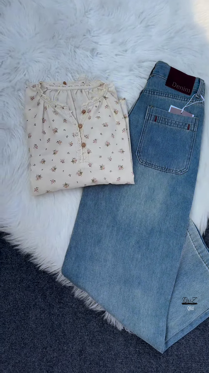 Vintage Floral Blouse with High-Waisted Wide-Leg Jeans