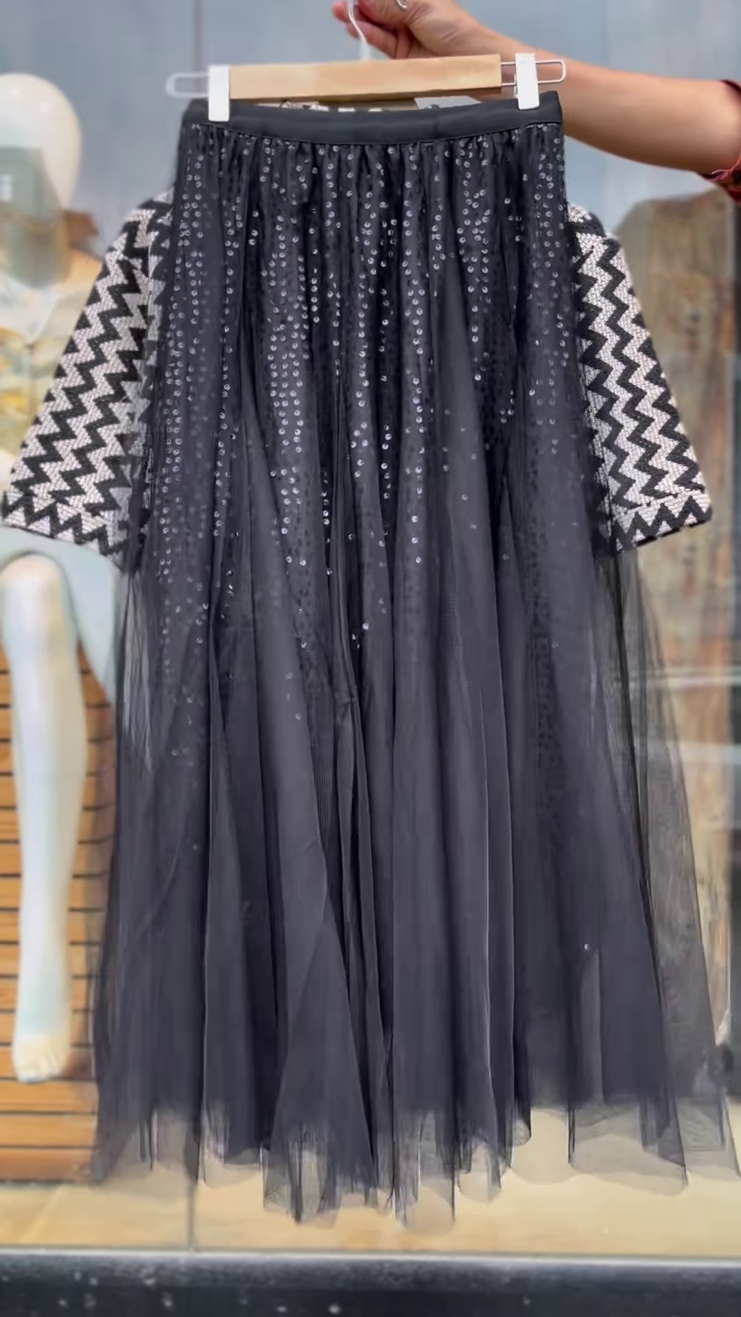 Black & White Zigzag Jacket Set with Ribbed Top and Tulle Skirt