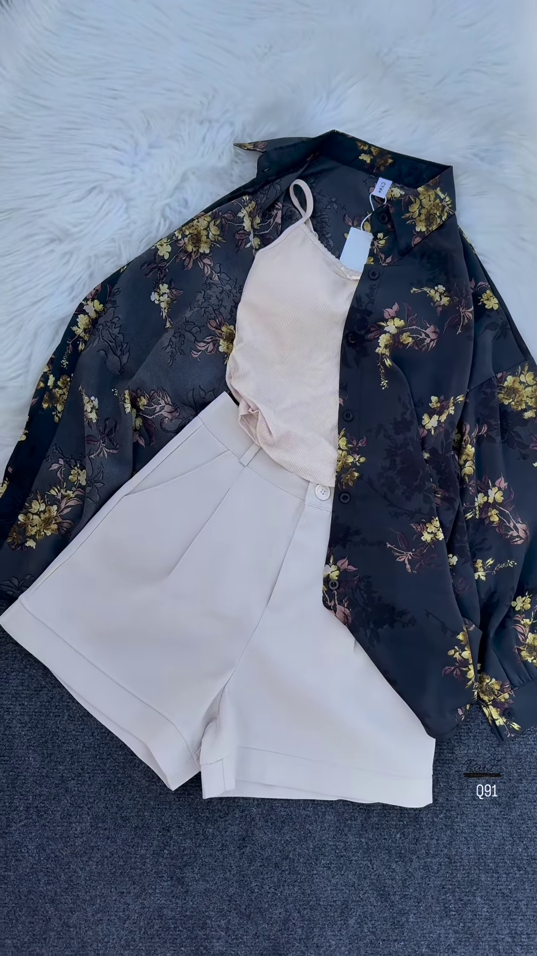 Dark Floral Overshirt with Light Tank and Tailored Shorts