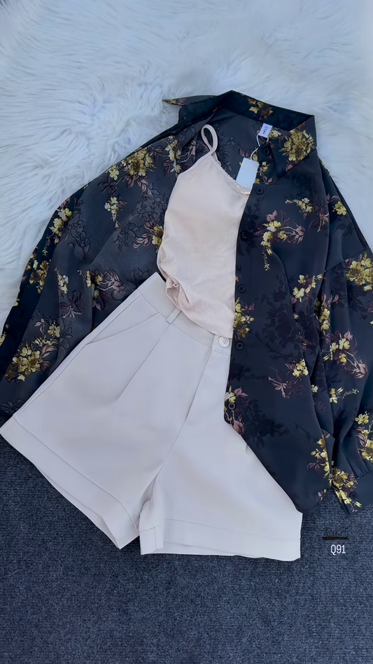 Dark Floral Overshirt with Light Tank and Tailored Shorts