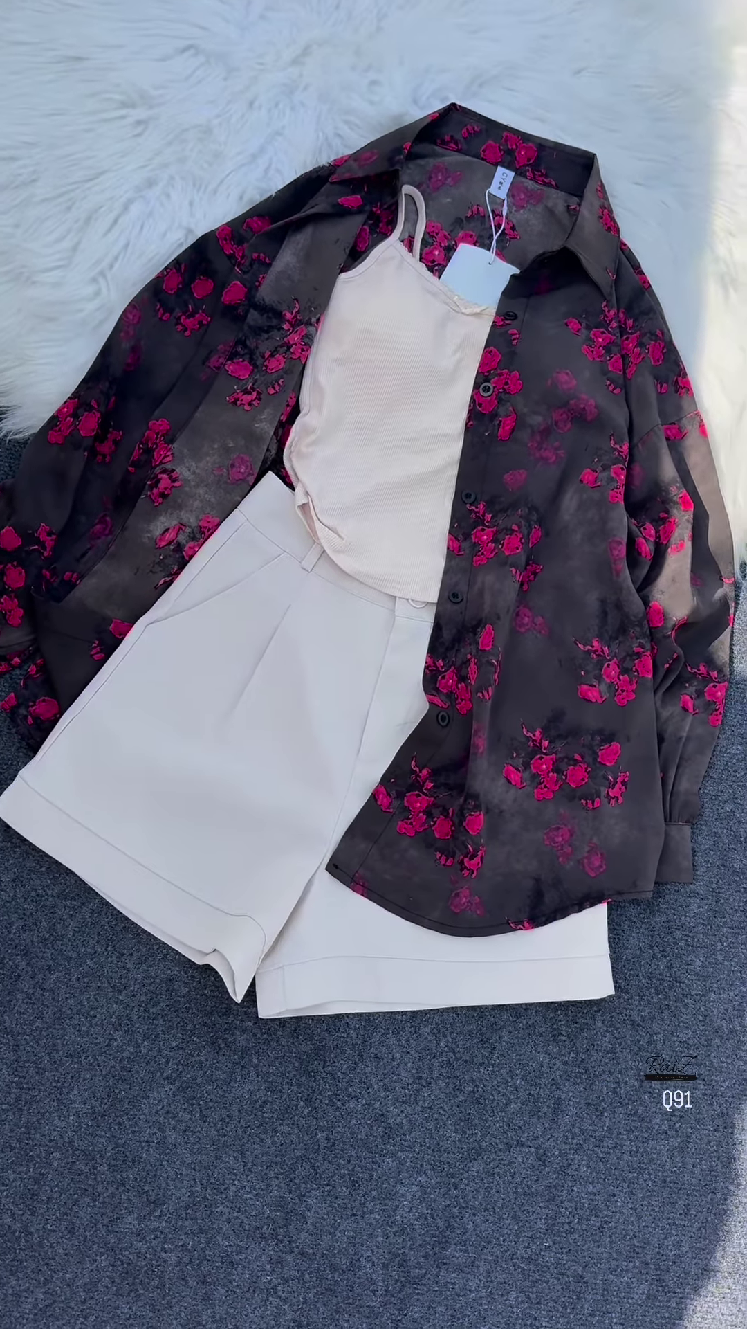 Dark Floral Overshirt with Light Tank and Tailored Shorts