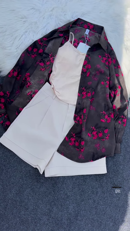 Dark Floral Overshirt with Light Tank and Tailored Shorts