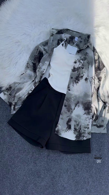 Dark Floral Overshirt with Light Tank and Tailored Shorts