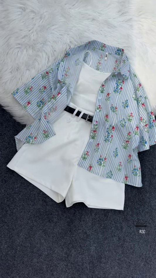 Striped Floral Shirt with White Tank and Belted Shorts Set