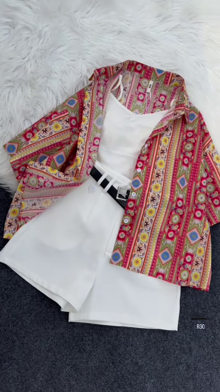 Striped Floral Shirt with White Tank and Belted Shorts Set