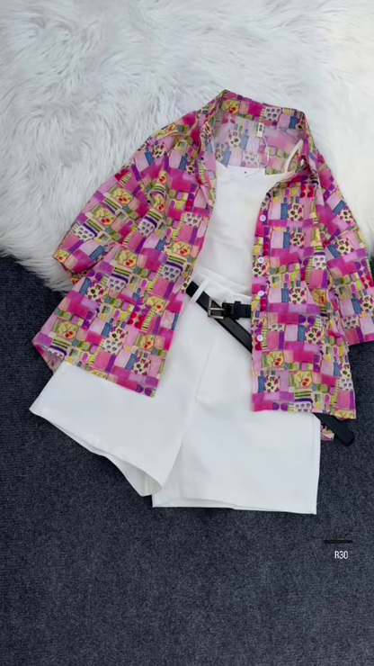 Striped Floral Shirt with White Tank and Belted Shorts Set