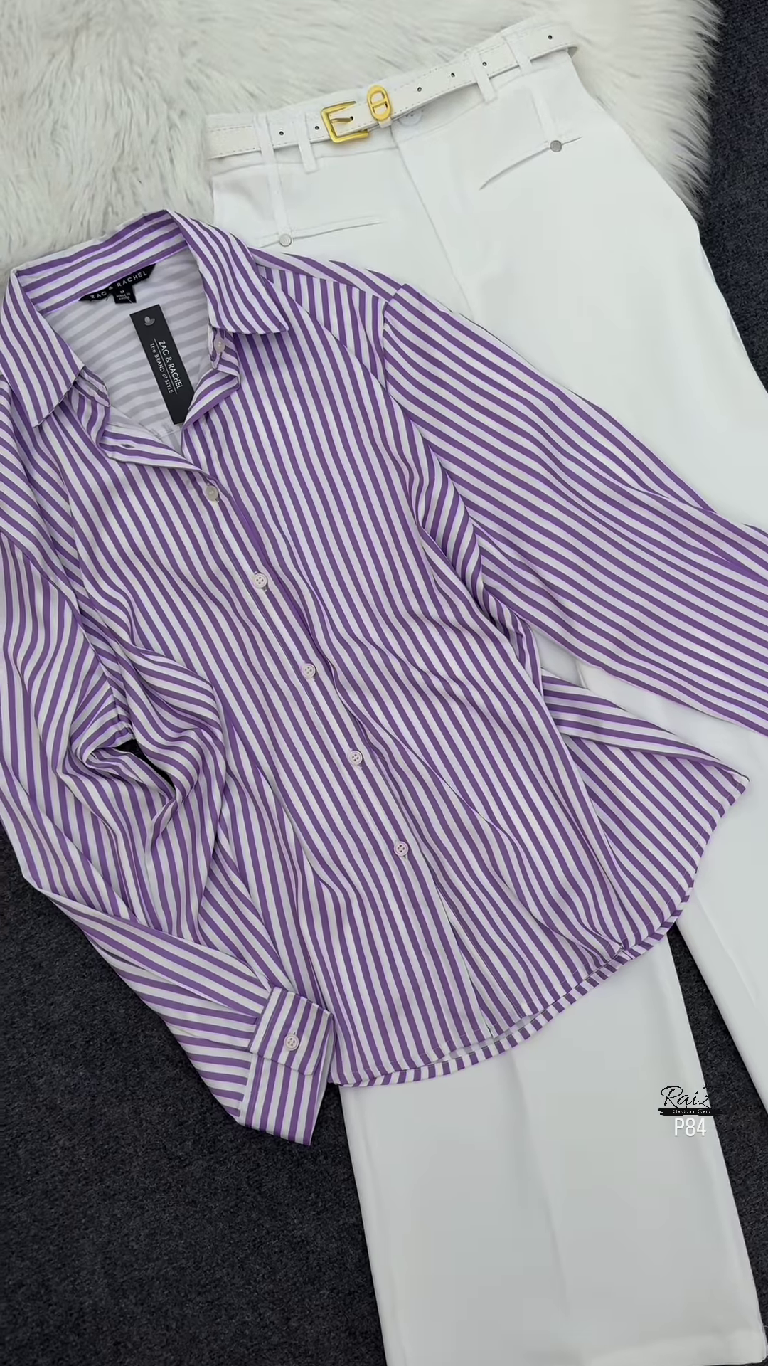Purple and White Striped Shirt with White Wide-Leg Trousers