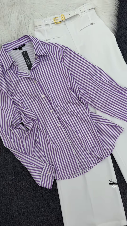 Purple and White Striped Shirt with White Wide-Leg Trousers