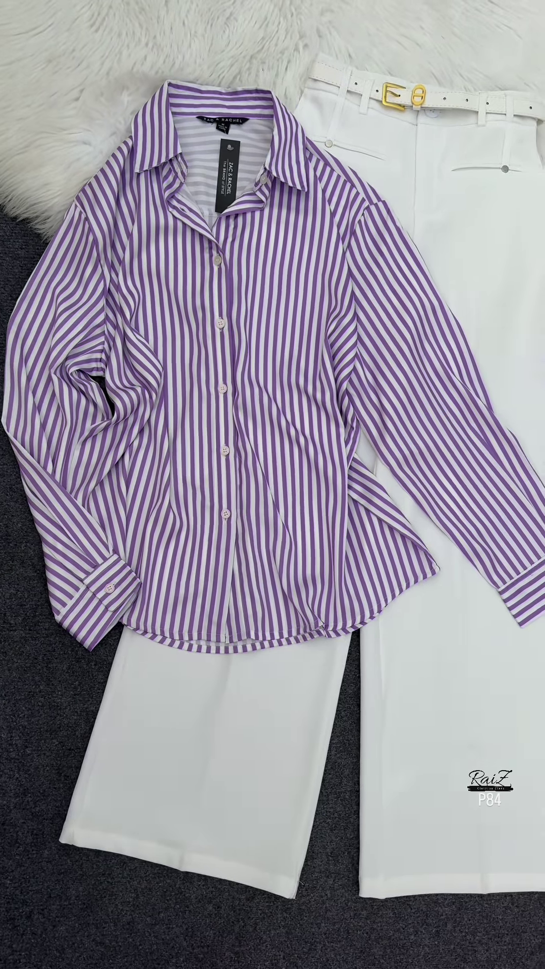 Purple and White Striped Shirt with White Wide-Leg Trousers