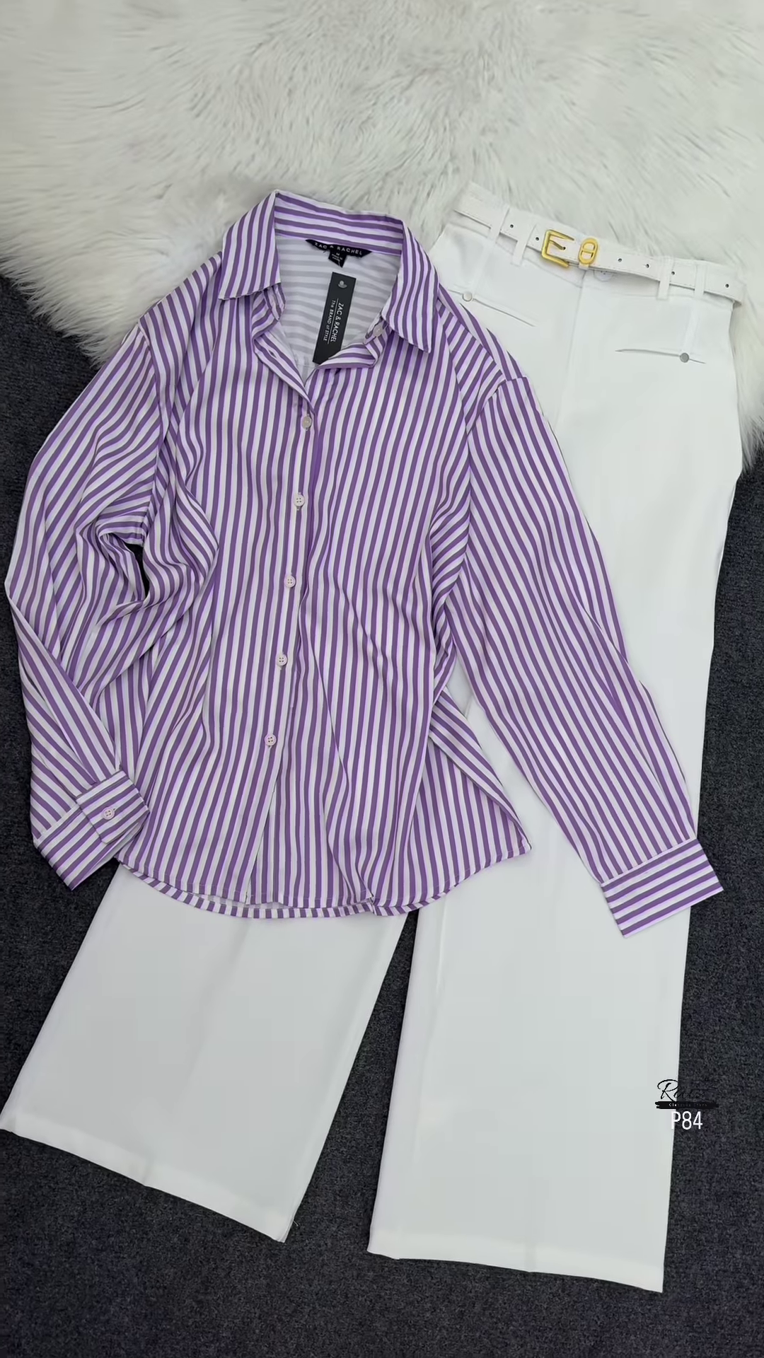 Purple and White Striped Shirt with White Wide-Leg Trousers