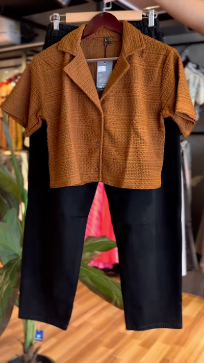 Textured Rust-Colored Shirt with Black Wide-Leg Pants