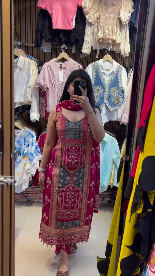 Stylish Maroon and Teal Ethnic Dress with Scarf