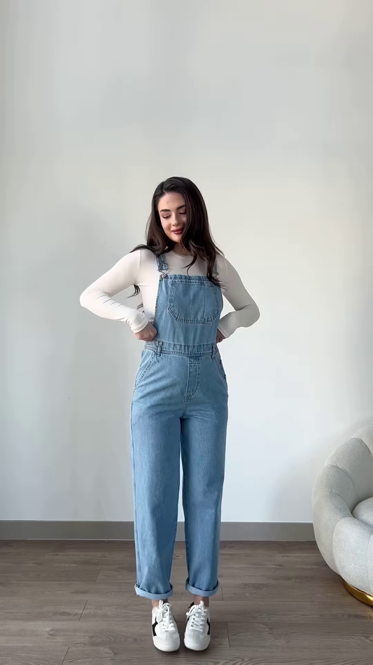 Stylish Denim Overalls with Long-Sleeved Top and Sneakers